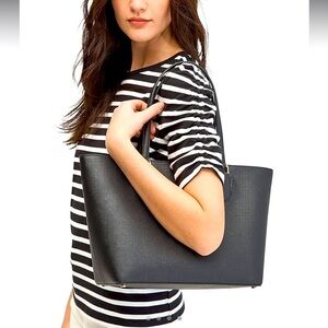 Kate Spade LAUREL WAY black crosshatch leather top zip daily tote purse bag EUC